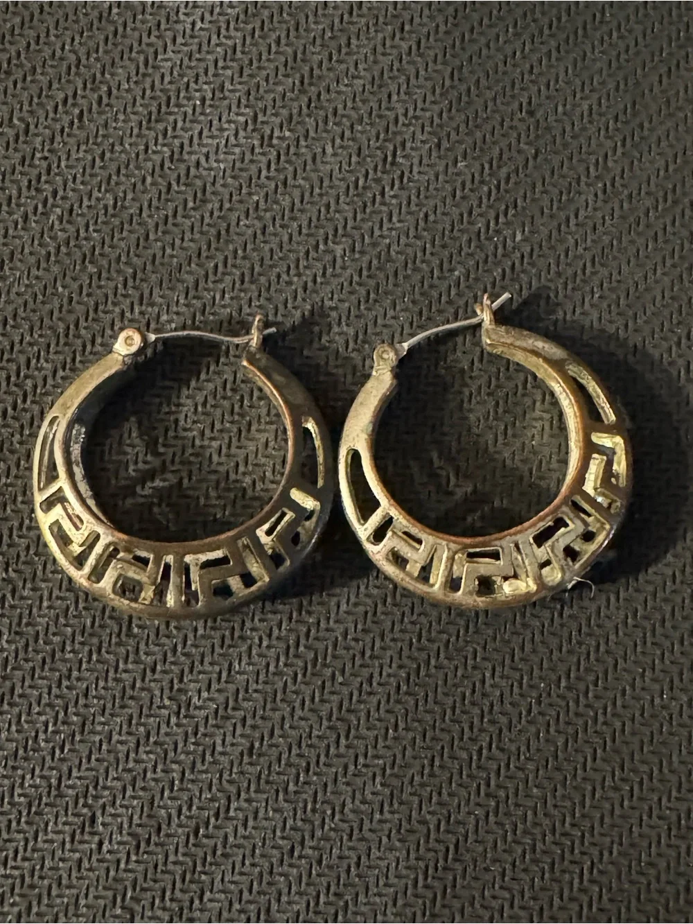 Silver Tone Greek Key Pattern cut-out Hoop Earrings